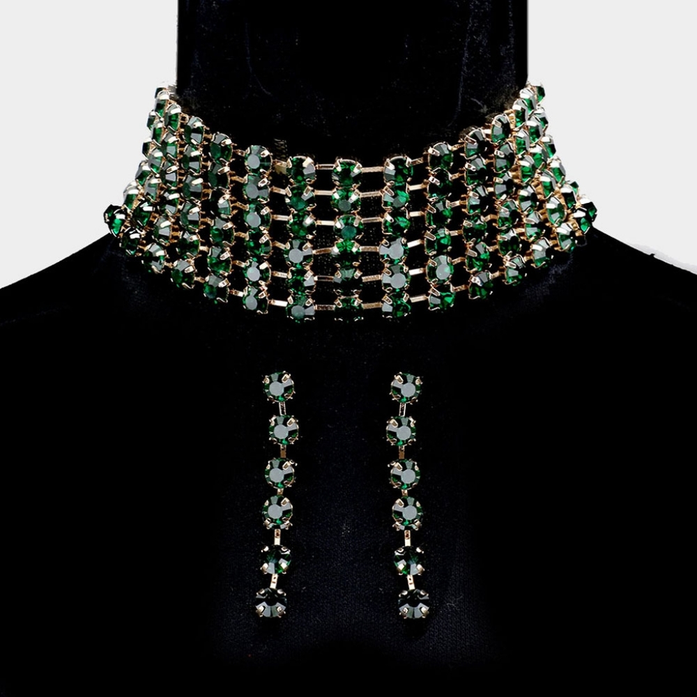 Emerald Green Crystal Choker Necklace Chain Set Beautiful Statement Jewelry - Picture 1 of 2